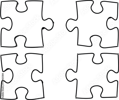  Continuous one line drawing of four puzzle pieces, line art style vector