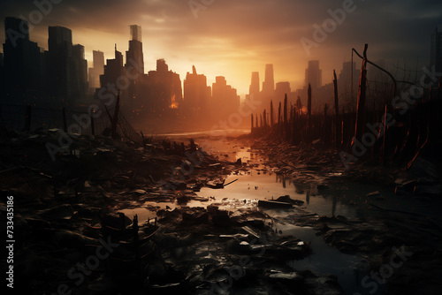 Protecting the global climate cinematic photorealistic. View to the city and skyscrapers from a polluted landfill on a sunset. © ivlianna