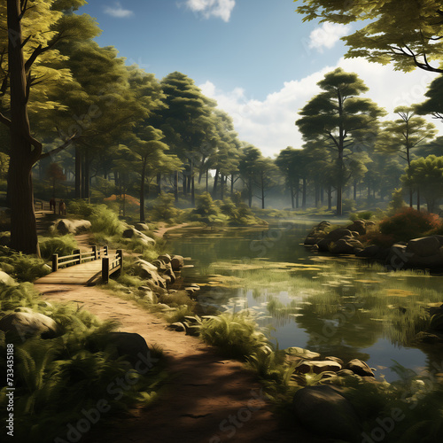 Nature reserves and recreation areas  realistic. A shallow river flows through a serene picturesque forest with blue skies on a sunny summer day.