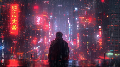 Mężczyzna stoi nocą w deszczu przed miastem pełnym neonów, bilbordów i świateł