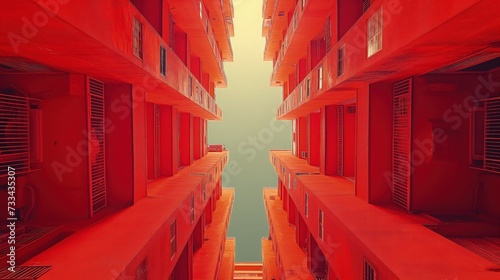 Fotografia przedstawia wąską uliczkę z czerwonymi budynkami i okiennicami.