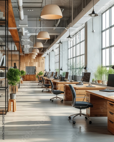 Empty modern bright open space business office with wooden furniture, computers, glass partitions, plants is flooded with sunlight