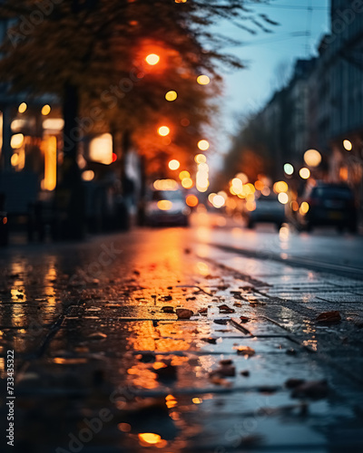 Evening city street after rain, blurred background with empty street and reflection of lights on wet asphalt