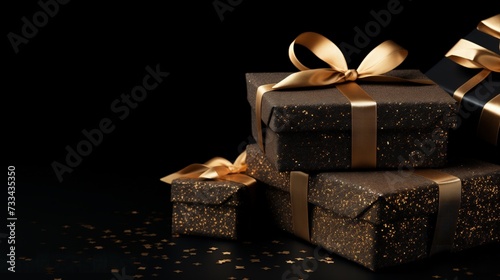 Na zdjęciu widoczny jest stos zapakowanych prezentów z złotymi wstążkami.