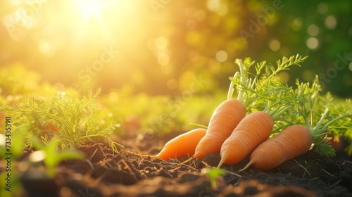 Carrot in the hand. Big bunch of carrots in a female hand on a background of the garden. Agriculture, gardening, growing vegetables. photo