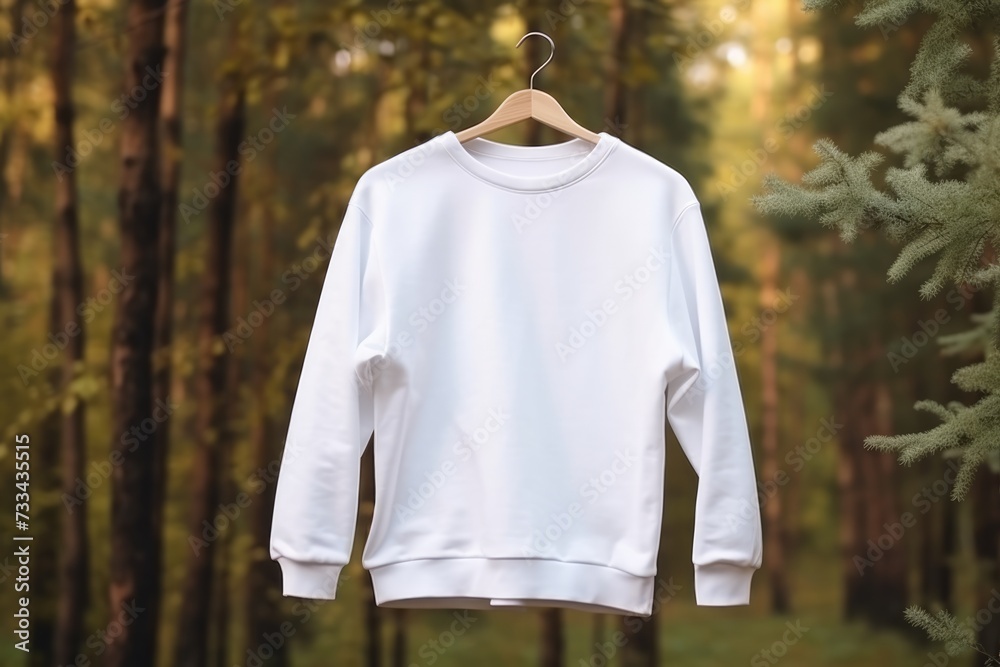 Empty white mockup of sweatshirt on hanger on tree Empty white mockup of sweatshirt on hanger on tree