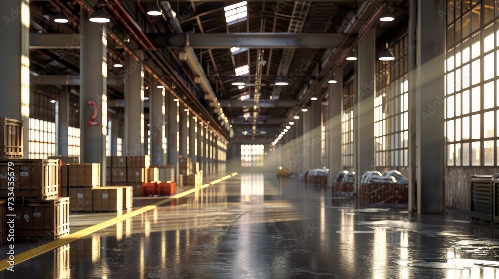 The warehouse interior is spacious, with high ceilings and rows of shelves stretching into the distance