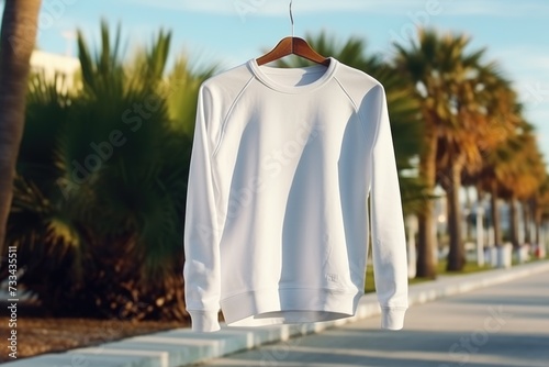 White mockup sweatshirt lay on hanger on city street
