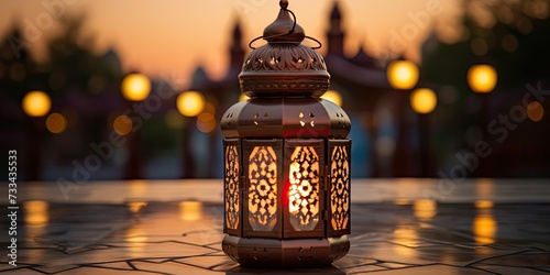 Illuminate the Occasion: An Islamic Lantern with a Blurred Mosque Backdrop, Perfect for Eid Al-Fitr and Eid Al-Adha Celebrations. 