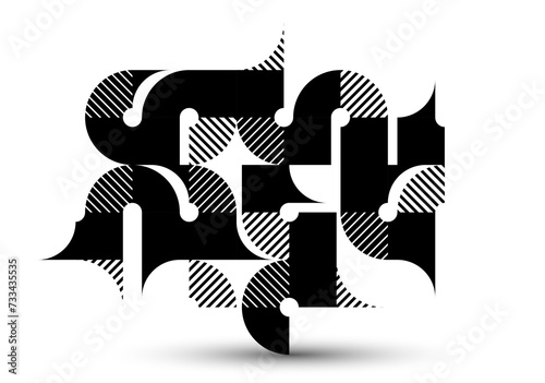 Abstract geometric black and white vector background, modular tiling stripy art with circles and other shapes, monochrome retro style artistic motif isolated.