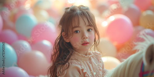 Süßes Mädchen feiert mit vielen Luftballons in Regenbogen Farben zum Geburtstag mit einem Einhorn, ai generativ