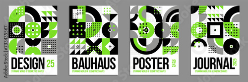 Geometric vector posters and covers in Bauhaus style, layout for advertisement sheet, brochure or book cover, tiling mosaic pattern Memphis style abstraction.