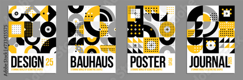 Geometric vector posters and covers in Bauhaus style, layout for advertisement sheet, brochure or book cover, tiling mosaic pattern Memphis style abstraction.