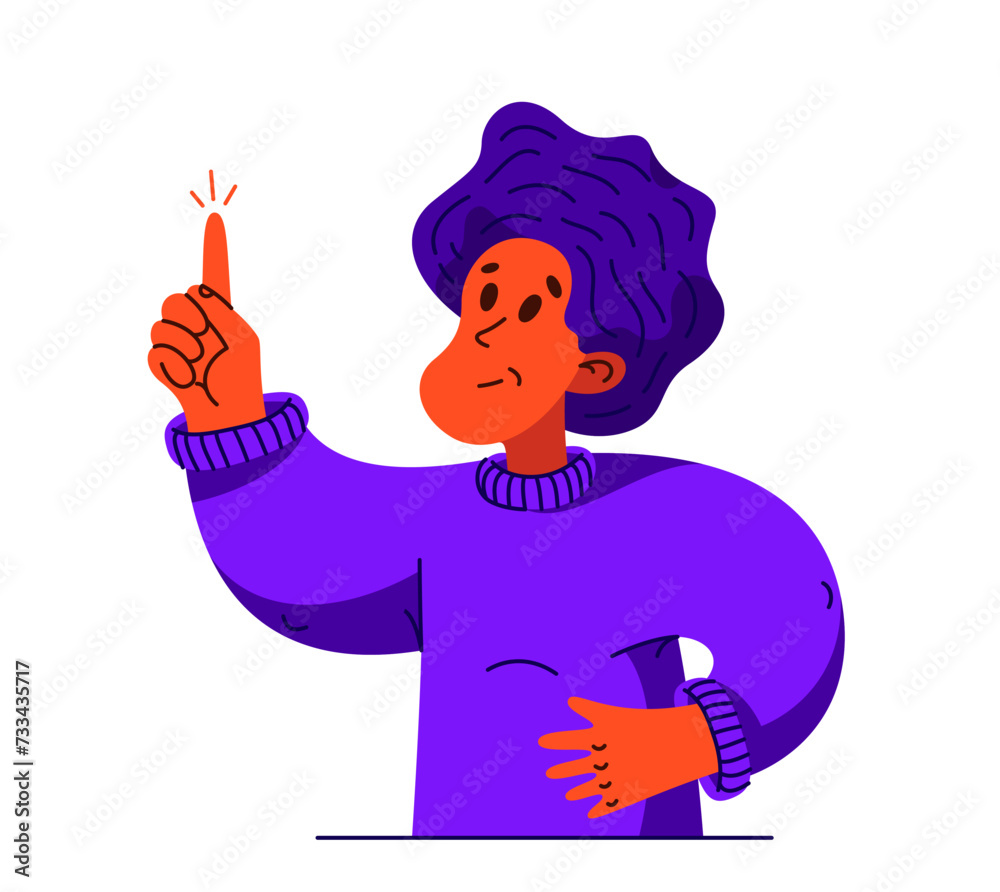 Young man has a strong thought about solving some problem, vector illustration of young person with exclamation mark having some analyzing results and conclusion. Young man has a strong thought about solving some problem, vector illustration of young person with exclamation mark having some analyzing results and conclusion.