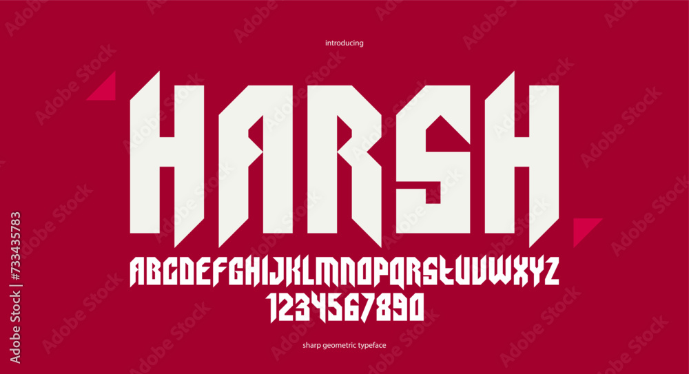 Sharp and bold vector display font for logo, gothic or heavy metal style modern typeface, edgy hard rock letters and numbers alphabet for titles or slogans, heavy typography. - obrazy, fototapety, plakaty 