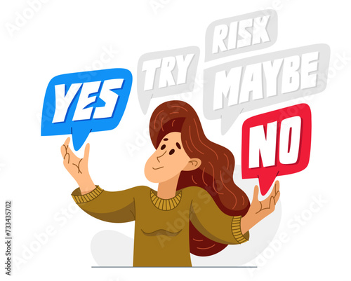 Young woman having a doubt and question, vector illustration of a person who is hesitating and thinking about some problem, decide uncertainty.