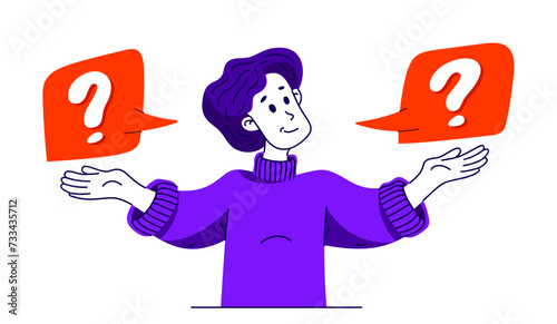 Young man having a doubt and question, vector illustration of a person who is hesitating and thinking about some problem, decide uncertainty.