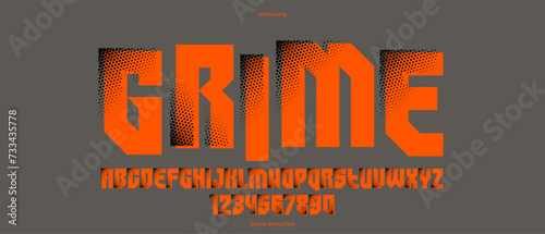 Halftone dotted futuristic cyberpunk font for logos and posters, vector brutal industrial typeface alphabet letters and numbers, urban technic future typography.