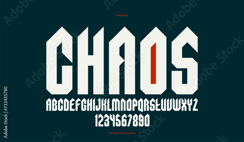 Sharp and bold gothic font for logo creation of for headlines, edgy geometric modern vector typeface, heavy metal and hard rock style alphabet with numbers.
