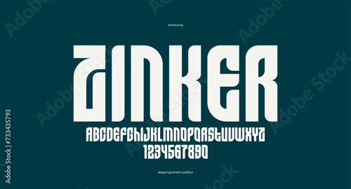Bold simple sans serif elegant display font for logos headers or slogans, vector thick and beautiful geometric typeface, uppercase letters alphabet with numbers, poster and advertising.
