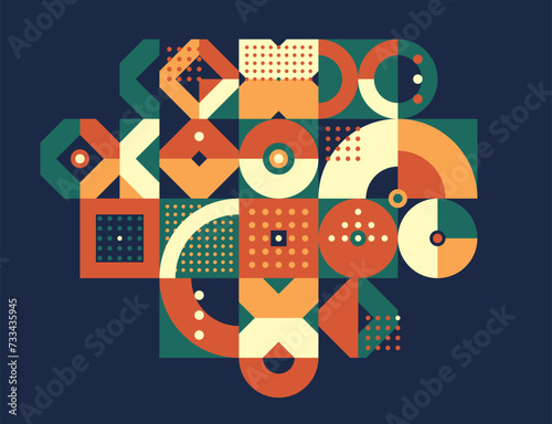 Ethnic abstract geometric background, ceramic look like colors traditional tribal motif, modular mosaic tiles pattern over dark.