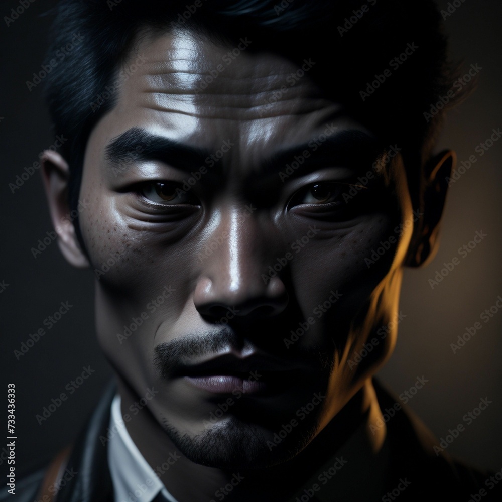 AI generated illustration of an east asian young man in a dark room
