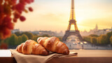 cup of coffee and croissant eiffel tower