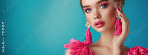 Beautiful model girl with pink fuchsia manicure on nails . Fashion makeup and cosmetics . Large earrings tassels jewelry Magenta color . Luxury fashion style. photo