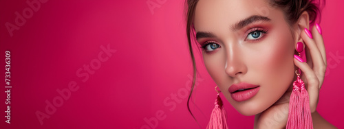 Beautiful model girl with pink fuchsia manicure on nails . Fashion makeup and cosmetics . Large earrings tassels jewelry Magenta color . Luxury fashion style.