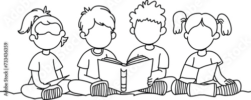 Continuous one line drawing of Group of children reading book, boy and girls group study