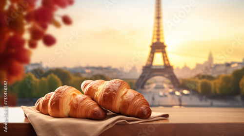cup of coffee and croissant eiffel tower
