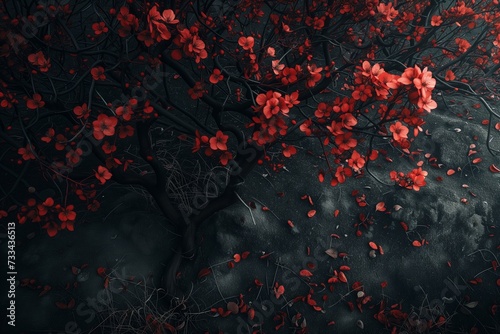 background of a dark tree with red flowers