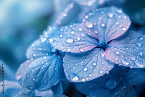 macro shot of water drops on blue leaves