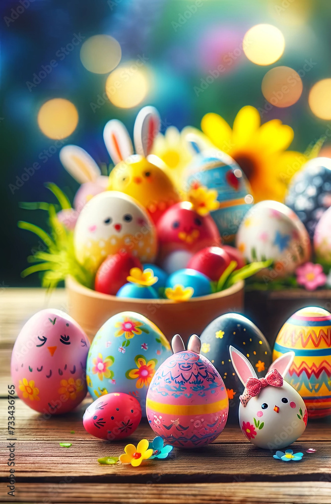 Colorful Easter eggs with daffodil flowers and bokeh background