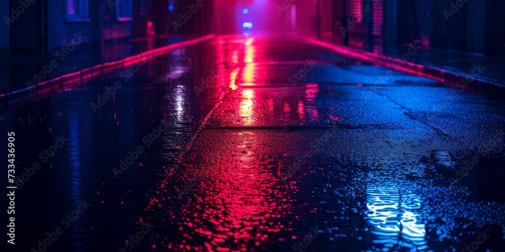 A rainy night scene with vibrant reflections of neon lights on the wet city street.