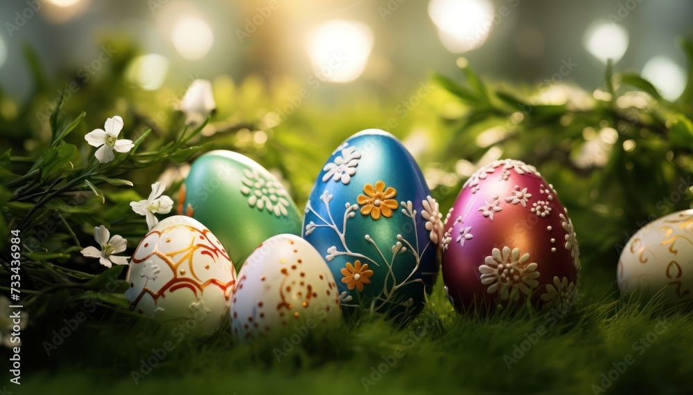 Various Colorful Easter Golden eggs and spring flowers on white background Various Colorful Easter Golden eggs and spring flowers on white background