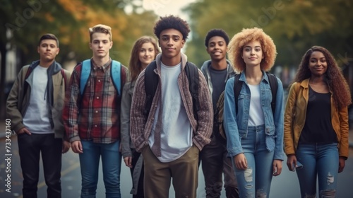 Group of multi ethnic students friends smiling to camera in high school