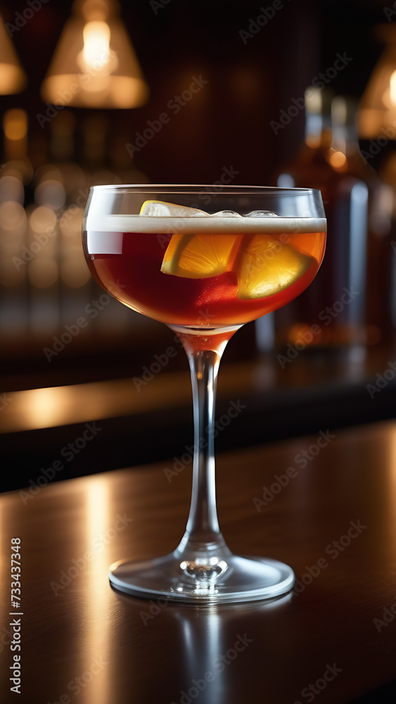 a glass of cocktail on the bar in front of the bar