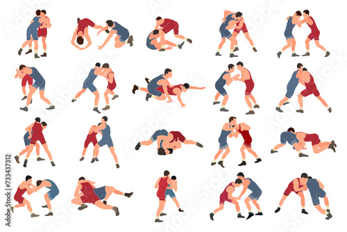 Collection of colored silhouettes of wrestlers in profile, isolated vector