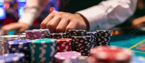 Casino dealer handling a large stack of gambling chips, seen up close.
