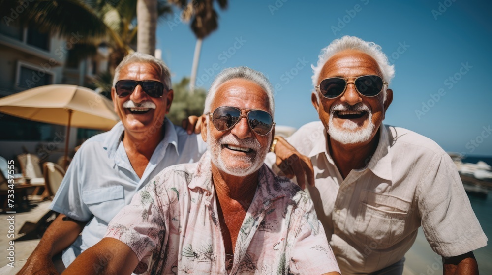 Old mature men friends meeting in city beach cafe and go to drink cocktails Old mature men friends meeting in city beach cafe and go to drink cocktails
