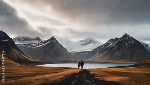 A traveling couple enjoys incredible view of the high massive mountains range. © triocean