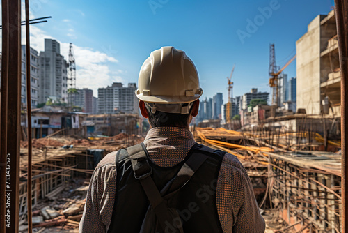 A construction worker in overalls looks at the construction site. Rear view. Generated by artificial intelligence