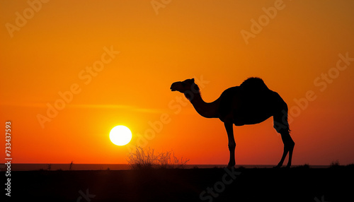 The silhouette of a camel stands against a vibrant orange sunset on the horizon  creating a peaceful and exotic desert scene