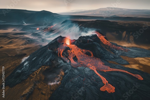 Drone image of an active volcanic landscape with steaming lava on its slopes in Iceland, surrounded by a volcanic landscape