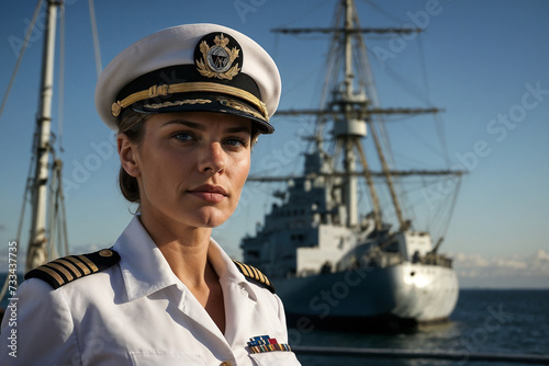 Mujer en uniforme naval frente a un barco photo