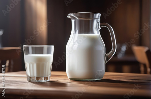 a jug of milk and a glass of milk on a wooden table in a country house. Healthy foods, clean eating, lactation deficiency, diet