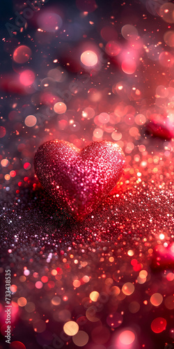 Glittered heart on bokeh red background. Valentines day greeting card. Screen for smartphone.