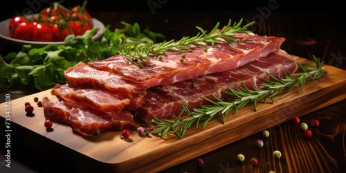 Yummy slices of bacon on a wooden board! Some raw, some salty. Sprinkle with spices, salt, and herbs. Ready to cook with veggies or eat 