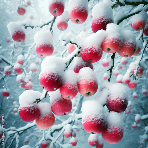 Winter's early arrival decorates the apple tree with ripe red snow - covered apples